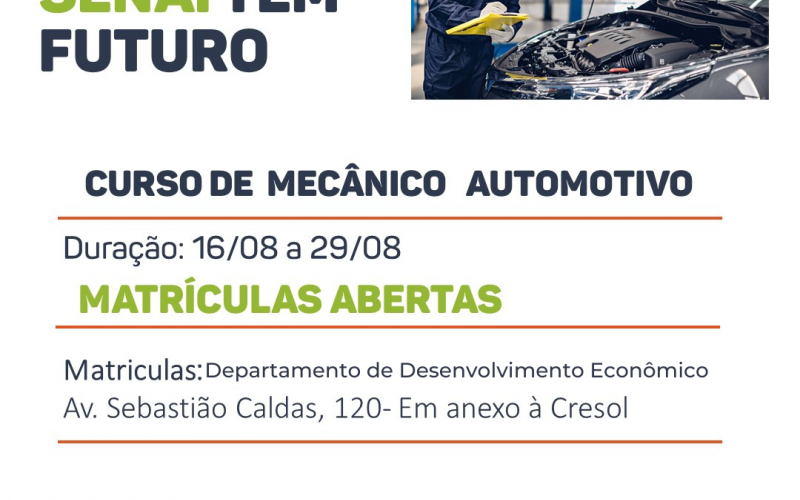 MATRÍCULAS ABERTAS PARA O CURSO DE MECÂNICO AUTOMOTIVO