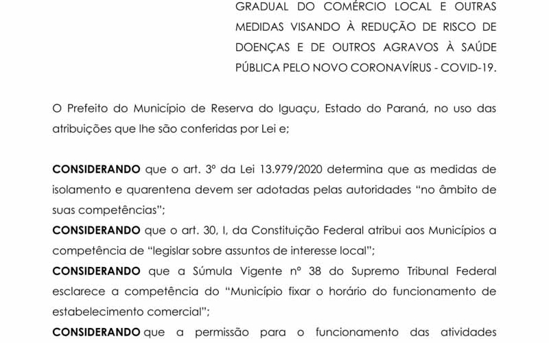 Prefeito Municipal impõe medidas para o RETORNO GRADUAL, com providências de prevenção, do comércio